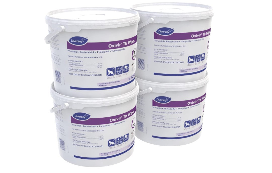 Oxivir Diversey Tb Ready-to-Use Disinfectant Cleaning Wipes, Accelerated Hydrogen Peroxide, For Home & Commercial Use, 11x12-Inch Large Sheets, Bucket 160-Wipes, Pack of 4